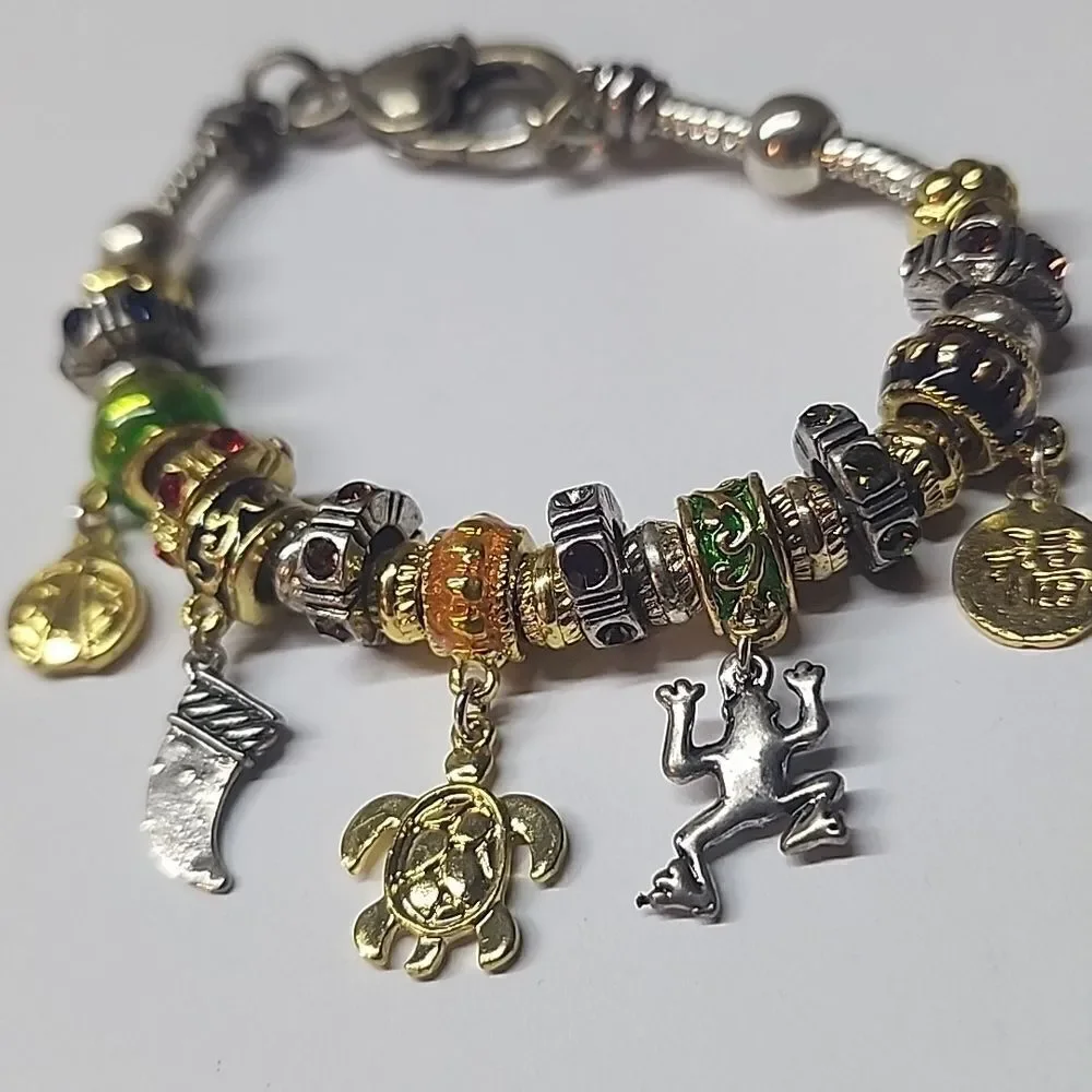 European Style Charm Bracelet Full of Charms Two Stopper Beads Turtle Frog